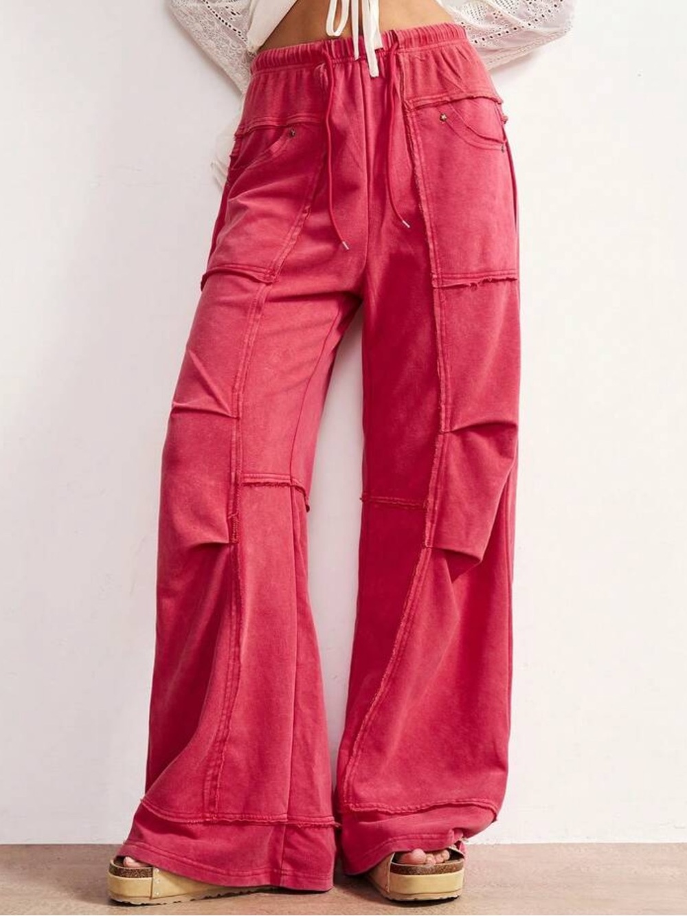 Wide-Leg Drawstring Boho Pants - Rose Red